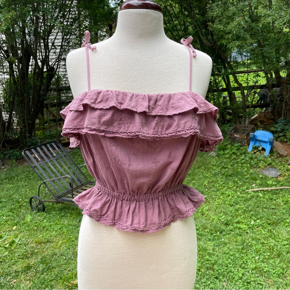 American Eagle Women’s Eyelet Ruffled Tie Strap Crop Top Purple Sz Small
